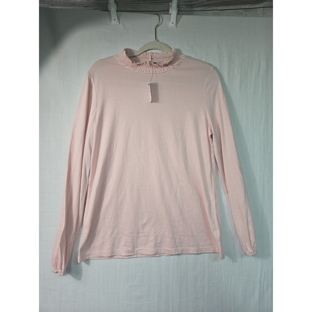 NWT Talbots Pink Women's L Ruffle Mock Neck Pullover Cotton Modal LS Top